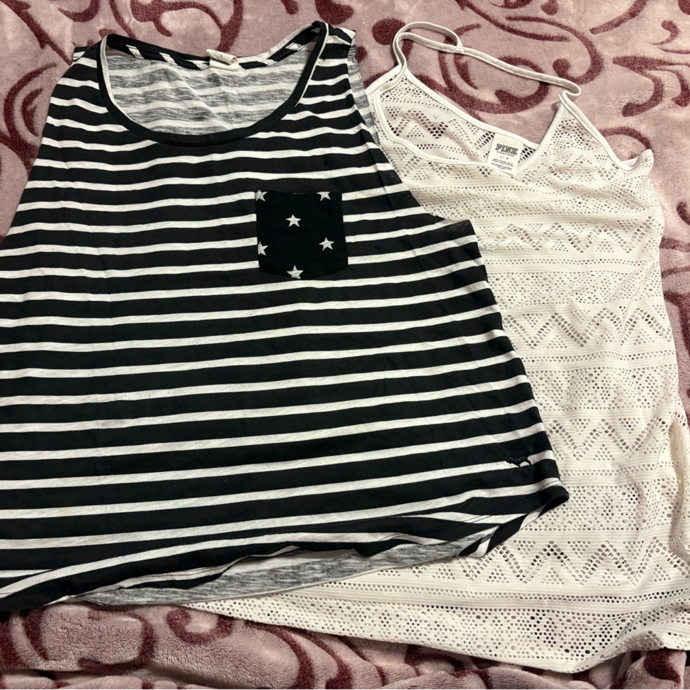 PINK Victoria's Secret Black Striped Patriotic Tank Top & White Crochet Tank Top